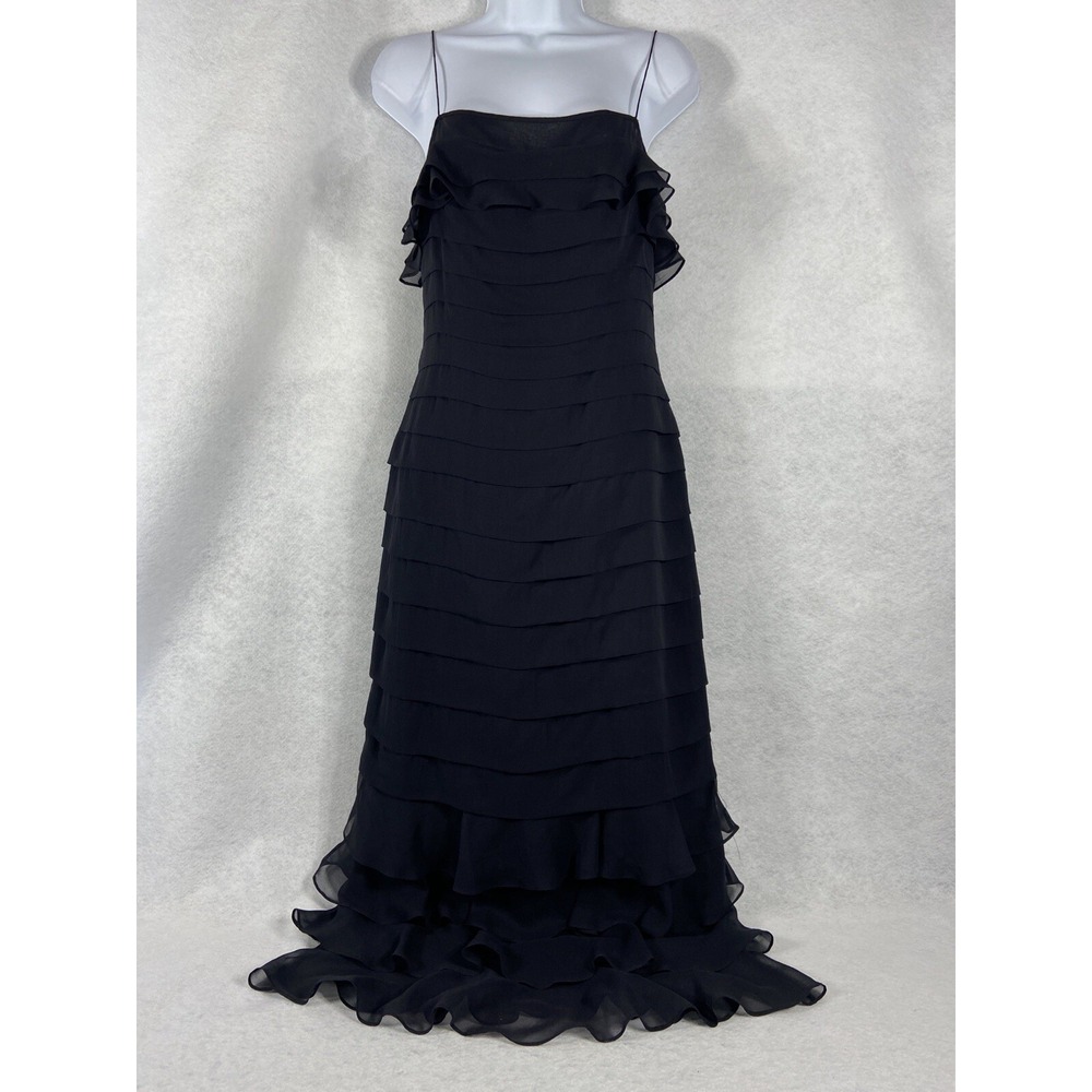 Nina Austin Maxi Dress Women's Small Black Tiered Ruffles 100% Silk Sleeveless